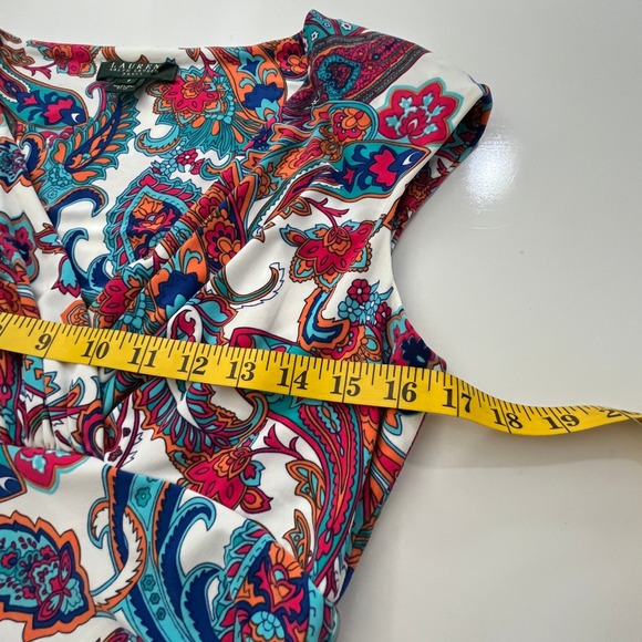 Lauren Ralph Lauren Paisley Sheath Dress Women Sz 6 Cap Sleeve Ruched Feminine - Picture 12 of 16